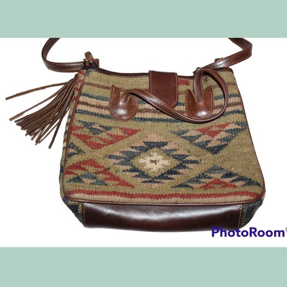 Woven Tapestry wool & leather shoulder bag Aztec print Southwest Crossbody purse - Picture 3 of 11